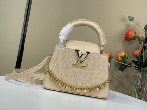 Louis Vuitton Capucines East West Mini Bag with Decorative Chain Beige Taurillon Leather Louis Vuitton Capucines East West Mini Bag with Decorative Chain Beige Taurillon Leather
