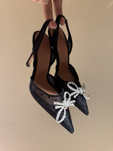 Amina Muaddi Rosie Lace Bowknot Slingback Pumps Shoes Black 100MM Amina Muaddi Rosie Lace Bowknot Slingback Pumps Shoes Black 100MM