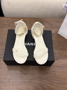 Chanel CC Logo White Leather Sandals Shoes with Ankle Strap Chanel CC Logo White Leather Sandals Shoes with Ankle Strap