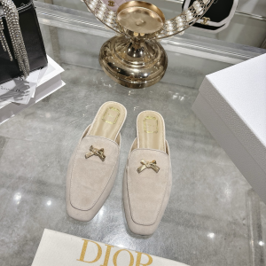 Dior Baby Bow Flat Mules Beige Suede Goatskin Leather Shoes Dior Baby Bow Flat Mules Beige Suede Goatskin Leather Shoes
