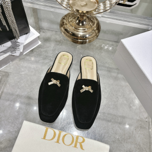 Dior Baby Bow Flat Mules Black Suede Goatskin Leather Shoes Dior Baby Bow Flat Mules Black Suede Goatskin Leather Shoes