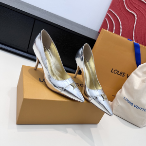 Louis Vuitton City Pumps Shoes Silver Metallic Leather 100MM Louis Vuitton City Pumps Shoes Silver Metallic Leather 100MM