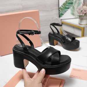 Miu Miu Black Leather Platform Heeled Sandals Shoes with Strap Miu Miu Black Leather Platform Heeled Sandals Shoes with Strap
