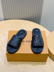 Louis Vuitton LV Portofino Flat Mule Slides Sandals Shoes Black Grained Calf Leather Louis Vuitton LV Portofino Flat Mule Slides Sandals Shoes Black Grained Calf Leather