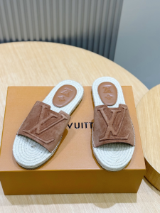 Louis Vuitton LV Portofino Flat Mule Slides Sandals Shoes Brown Suede Calf Leather Louis Vuitton LV Portofino Flat Mule Slides Sandals Shoes Brown Suede Calf Leather