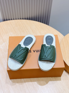 Louis Vuitton LV Portofino Flat Mule Slides Sandals Shoes Green Grained Calf Leather Louis Vuitton LV Portofino Flat Mule Slides Sandals Shoes Green Grained Calf Leather