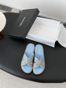 Chanel CC Light Blue Raffia Flat Slides Sandals Shoes Chanel CC Light Blue Raffia Flat Slides Sandals Shoes