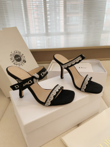 Dior Heeled Sandals Shoes with Jadior Strap Black Embroidered Cotton 100MM Dior Heeled Sandals Shoes with Jadior Strap Black Embroidered Cotton 100MM