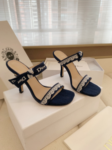 Dior Heeled Sandals Shoes with Jadior Strap Navy Blue Embroidered Cotton 100MM Dior Heeled Sandals Shoes with Jadior Strap Navy Blue Embroidered Cotton 100MM