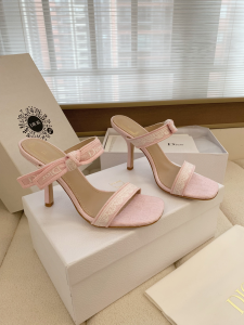 Dior Heeled Sandals Shoes with Jadior Strap Pink Embroidered Cotton 100MM Dior Heeled Sandals Shoes with Jadior Strap Pink Embroidered Cotton 100MM