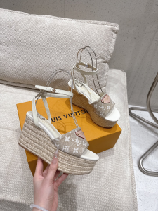 Louis Vuitton Helios Wedge Sandal Shoes Beige Monogram Raffia Louis Vuitton Helios Wedge Sandal Shoes Beige Monogram Raffia