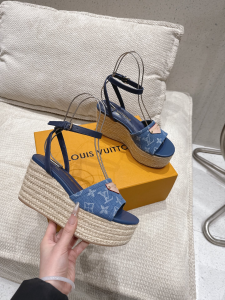 Louis Vuitton Helios Wedge Sandal Shoes Blue Denim Monogram Fabric Louis Vuitton Helios Wedge Sandal Shoes Blue Denim Monogram Fabric