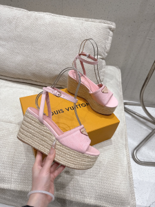 Louis Vuitton Helios Wedge Sandal Shoes Pink Denim Monogram Fabric Louis Vuitton Helios Wedge Sandal Shoes Pink Denim Monogram Fabric