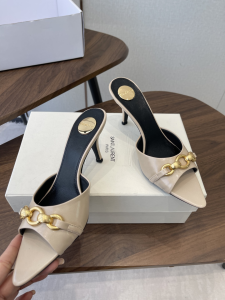 Saint Laurent YSL Le Maillon High Heeled Mule Slides Sandals Shoes Beige Calfskin Leather 75MM Saint Laurent YSL Le Maillon High Heeled Mule Slides Sandals Shoes Beige Calfskin Leather 75MM