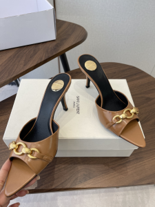 Saint Laurent YSL Le Maillon High Heeled Mule Slides Sandals Shoes Brown Calfskin Leather 75MM Saint Laurent YSL Le Maillon High Heeled Mule Slides Sandals Shoes Brown Calfskin Leather 75MM