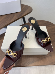 Saint Laurent YSL Le Maillon High Heeled Mule Slides Sandals Shoes Burgundy Calfskin Leather 75MM Saint Laurent YSL Le Maillon High Heeled Mule Slides Sandals Shoes Burgundy Calfskin Leather 75MM