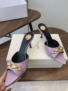 Saint Laurent YSL Le Maillon High Heeled Mule Slides Sandals Shoes Purple Calfskin Leather 75MM Saint Laurent YSL Le Maillon High Heeled Mule Slides Sandals Shoes Purple Calfskin Leather 75MM
