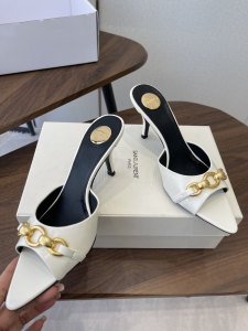 Saint Laurent YSL Le Maillon High Heeled Mule Slides Sandals Shoes White Calfskin Leather 75MM Saint Laurent YSL Le Maillon High Heeled Mule Slides Sandals Shoes White Calfskin Leather 75MM