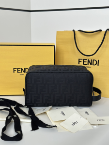 Fendi Toilertry Case Medium Bag with Zip Black Leather and Black FF Nylon Fendi Toilertry Case Medium Bag with Zip Black Leather and Black FF Nylon