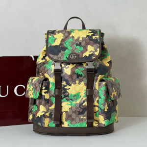 Gucci Ophidia Large Backpack Bag Green Print Beige Dark Brown GG Monogram Fabric Gucci Ophidia Large Backpack Bag Green Print Beige Dark Brown GG Monogram Fabric