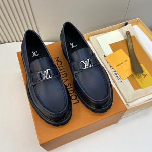Louis Vuitton LV Major Loafers Shoes Navy Blue Shiny Calf Leather Louis Vuitton LV Major Loafers Shoes Navy Blue Shiny Calf Leather