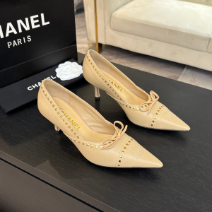 Chanel CC Logo Bow Beige Leather Pumps 65MM Chanel CC Logo Bow Beige Leather Pumps 65MM