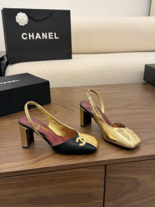 Chanel CC Logo Gold Black Leather Slingback Pumps 75MM Chanel CC Logo Gold Black Leather Slingback Pumps 75MM
