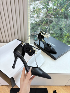 Chanel Camellia Flower Black Leather Dorsay Pearls High Heeled Pumps Shoes 80MM Chanel Camellia Flower Black Leather Dorsay Pearls High Heeled Pumps Shoes 80MM