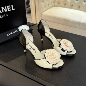 Chanel Camellia Flower High Heeled Sandals White Quilted and Black Patent Leather Chanel Camellia Flower High Heeled Sandals White Quilted and Black Patent Leather