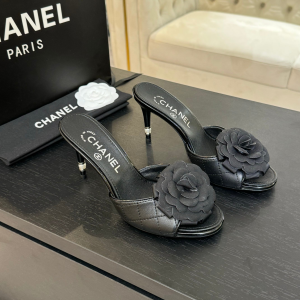 Chanel Camellia Flower High Heeled Slides Sandals Shoes Black Quilted Leather Chanel Camellia Flower High Heeled Slides Sandals Shoes Black Quilted Leather
