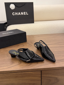 Chanel Heeled Slingbacks Mules Shoes Black Patent Leather 40MM Chanel Heeled Slingbacks Mules Shoes Black Patent Leather 40MM