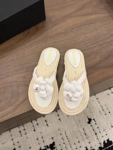 Chanel Leather Camellia Flower Terry Cloth Espadrille Slip Flops Thong Sandals Shoes White Chanel Leather Camellia Flower Terry Cloth Espadrille Slip Flops Thong Sandals Shoes White