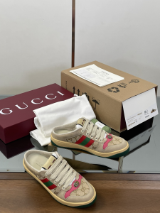 Gucci Screener Mule Sneakers Shoes Beige Fuchsia Leather and GG Canvas Gucci Screener Mule Sneakers Shoes Beige Fuchsia Leather and GG Canvas