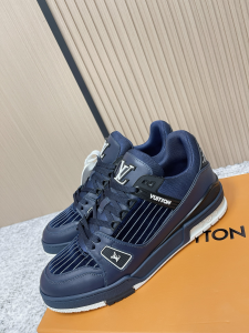 Louis Vuitton LV Trainer Sneakers Shoes Navy Blue Velvet and Calfskin Leather Louis Vuitton LV Trainer Sneakers Shoes Navy Blue Velvet and Calfskin Leather