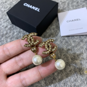 Chanel Crystals CC Logo Pearl Drop Earrings 