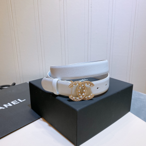 Chanel Crystals CC Logo Leather Belt White 30MM 