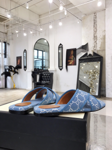Luxury Womens Shoes Gucci GG Fabric Slide Sandal in Blue 35 To 40 A136PP380 AA145901