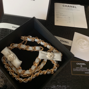 Luxury Womens Belts Chanel Chain and Leather Bowknot Belt White A28PP240 AA146312