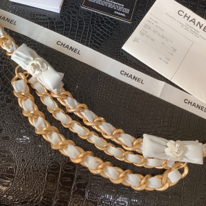 Luxury Womens Belts Chanel Chain and Leather Bowknot Belt White A28PP240 AA146312