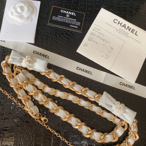 Luxury Womens Belts Chanel Chain and Leather Bowknot Belt White A28PP240 AA146312