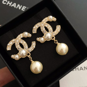 Chanel Crystals CC Logo Pearl Earrings 