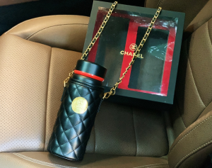 Luxury Womens Accessories Chanel Lambskin Quilted Water Bottle Black A62PP280 AA148359