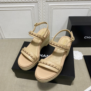 Chanel Chain Wedge Leather Sandals Beige 