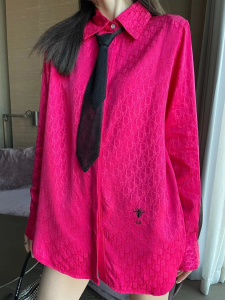 Luxury Womens Clothing Dior Oblique Bee Embroidery Shirt Red SML A198PP480 AA149000