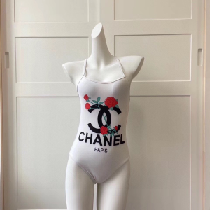 Chanel CC Logo Rose Flower Swimsuit White 