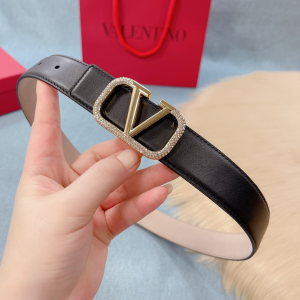 Valentino Crystal Vlogo Leather Belt Black 30MM 