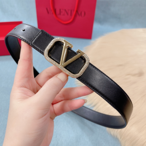 Valentino Crystal Vlogo Leather Belt Black 30MM 