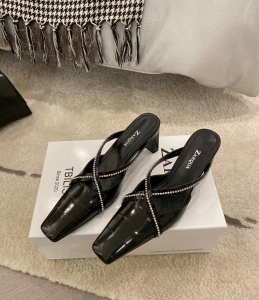 Nina Zarqua Cross Strap Mule Pumps Black Croc Embossed Calfskin 65MM Nina Zarqua Cross Strap Mule Pumps Black Croc Embossed Calfskin 65MM