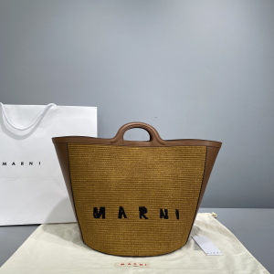 Marni Large Logo Embroidered Raffia Leather Tote Bag Marni Large Logo Embroidered Raffia Leather Tote Bag