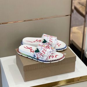 Christian Louboutin Mens Slide Sandal White and Logo Printed Christian Louboutin Mens Slide Sandal White and Logo Printed